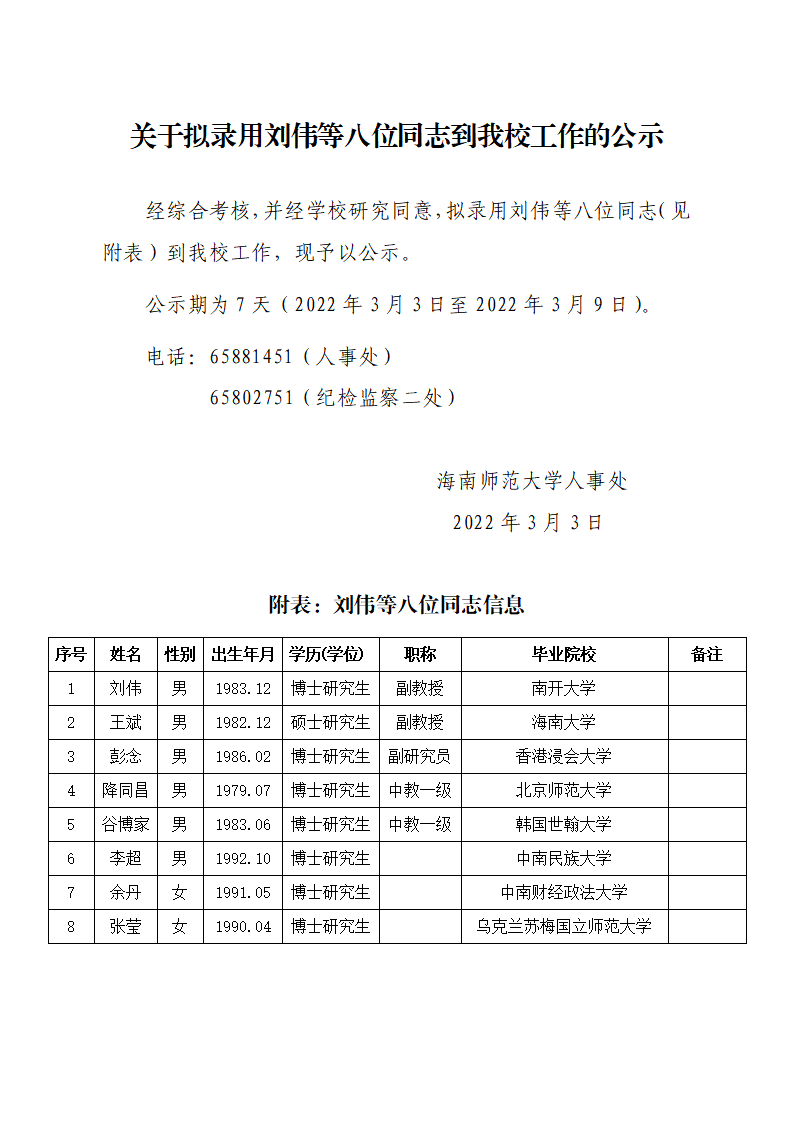 关于拟录用刘伟等八位同志到我校工作的公示