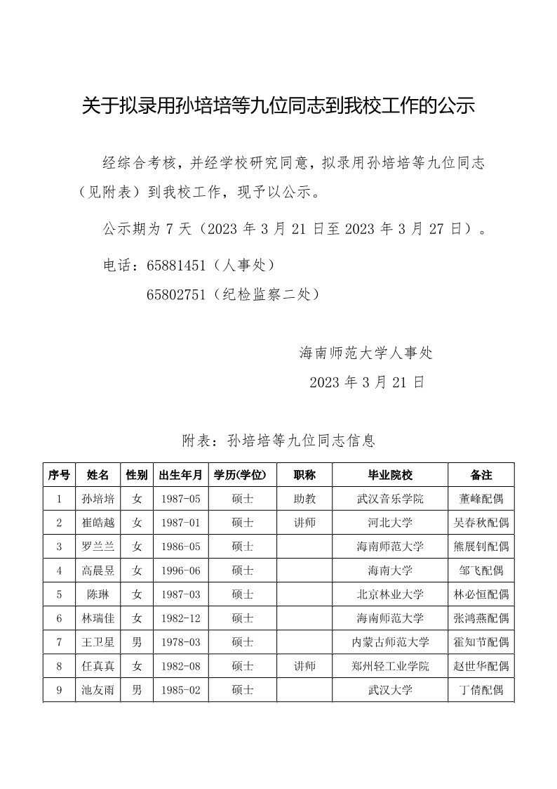 关于拟录用孙培培等九位同志到我校工作的公示