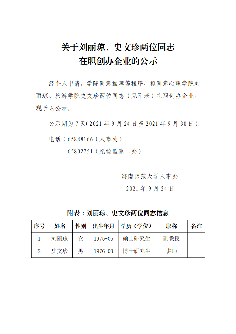 关于刘丽琼、史文珍两位同志在职创办企业的公示