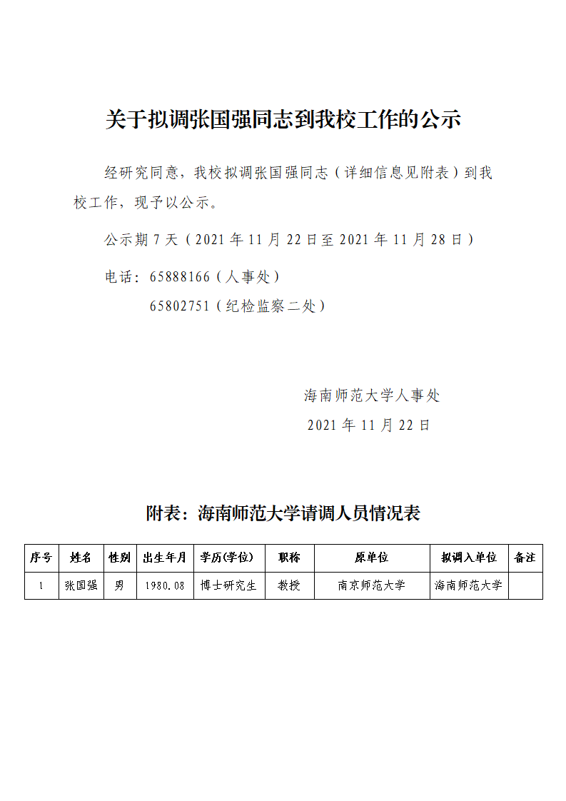 关于拟调张国强同志到我校工作的公示