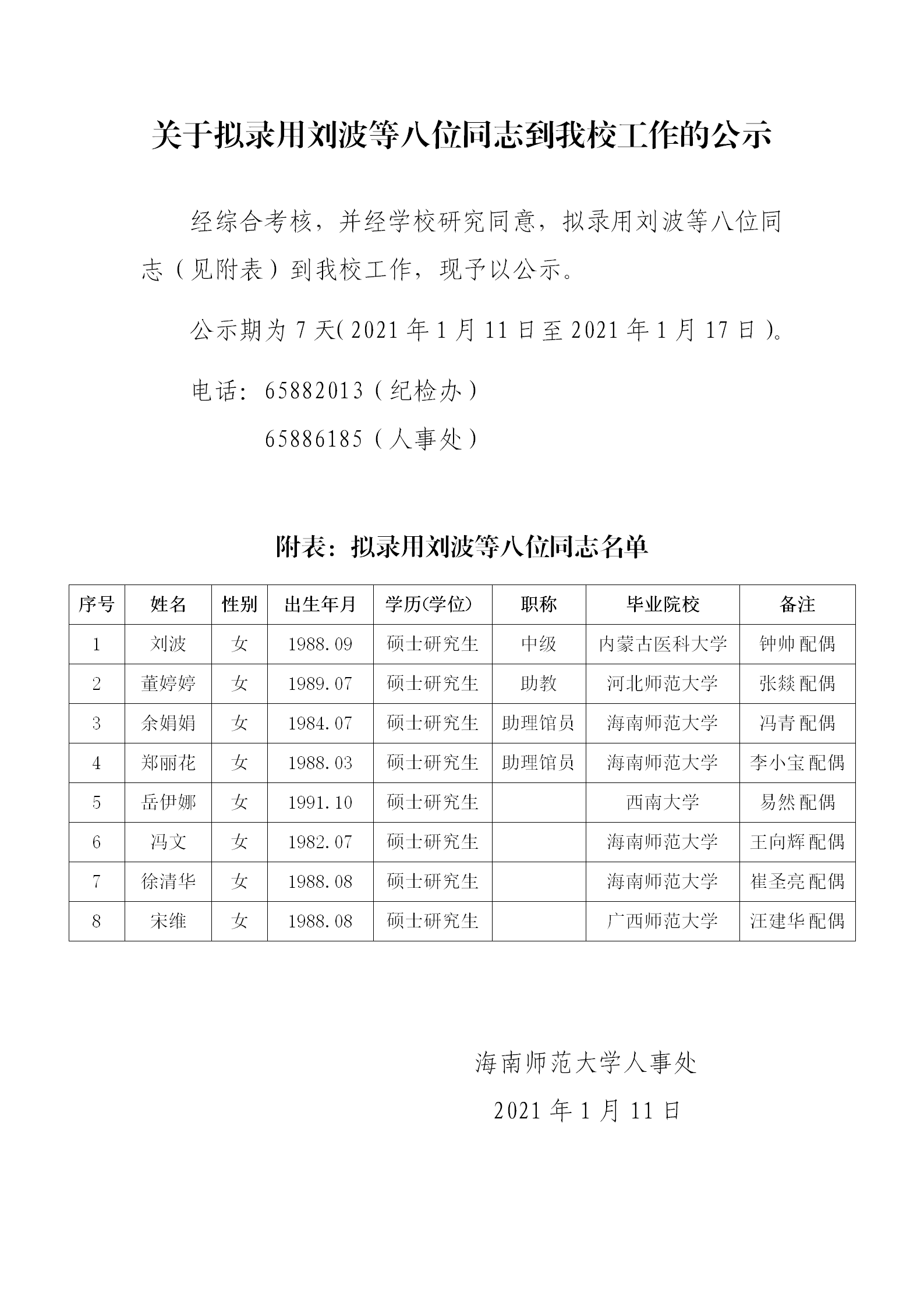 关于拟录用刘波等八位同志到我校工作的公示