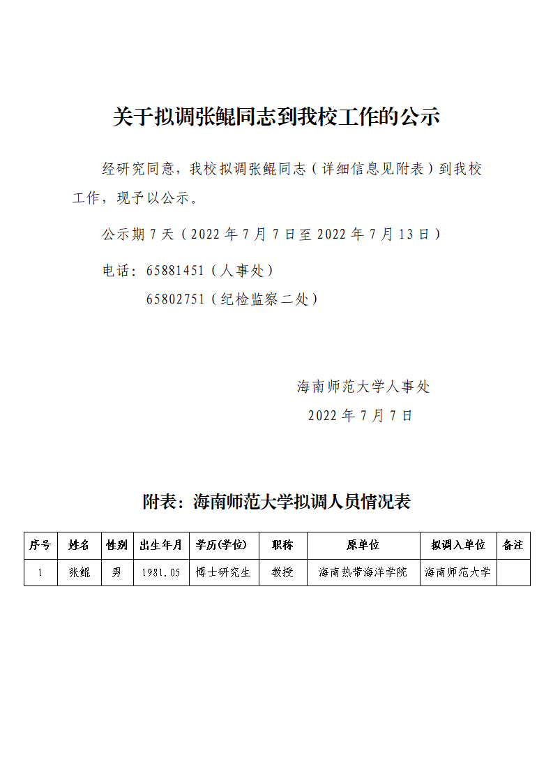 关于拟调张鲲同志到我校工作的公示