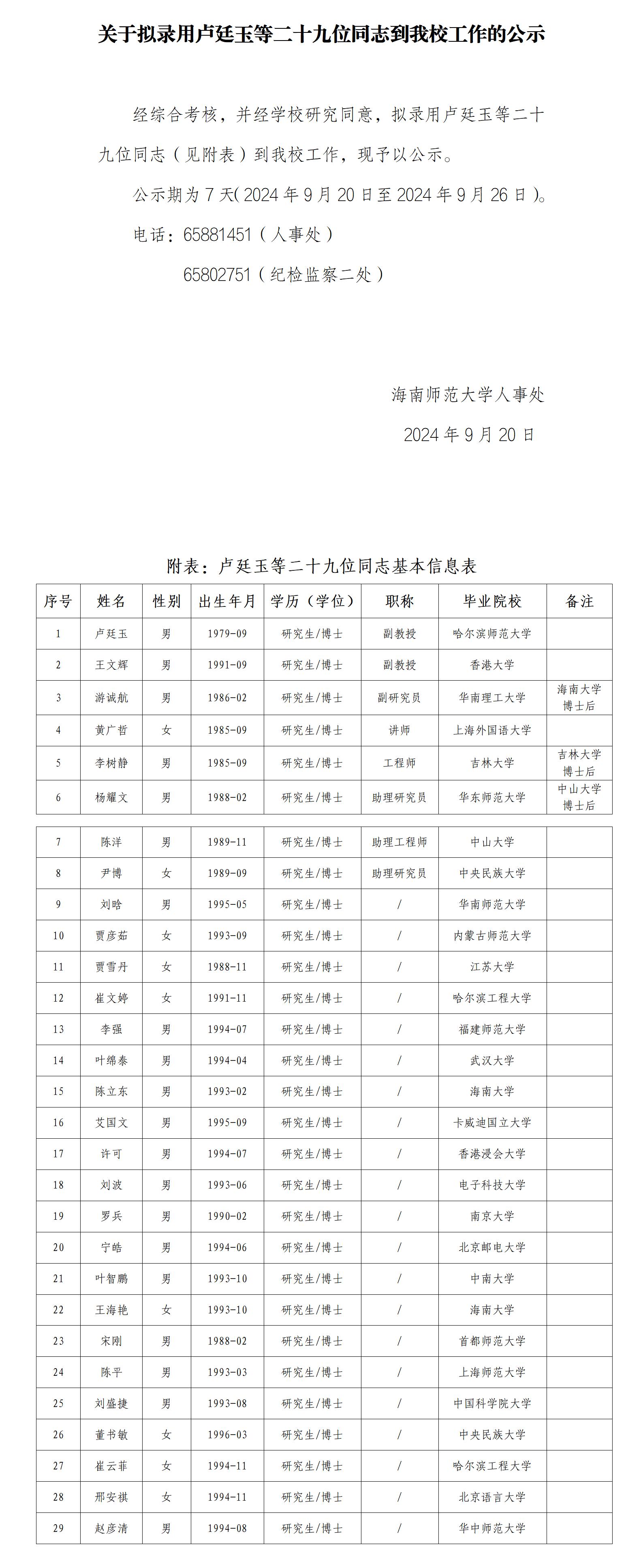 关于拟录用卢廷玉等二十九位同志到我校工作的公示