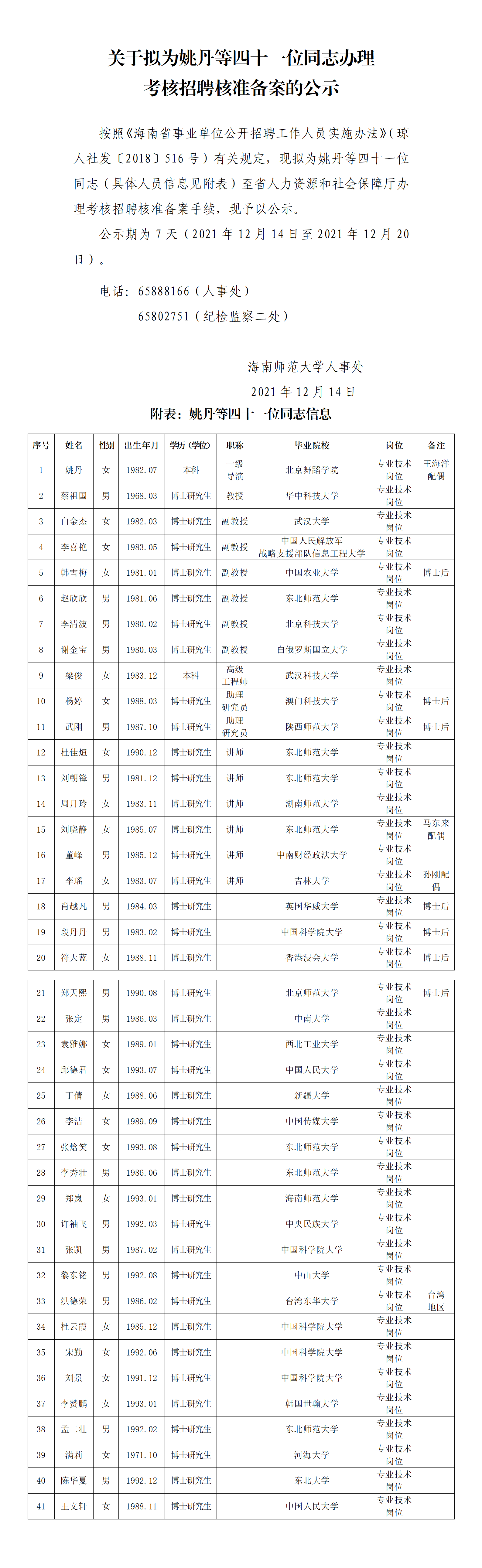 关于拟为姚丹等四十一位同志办理考核招聘核准备案的公示
