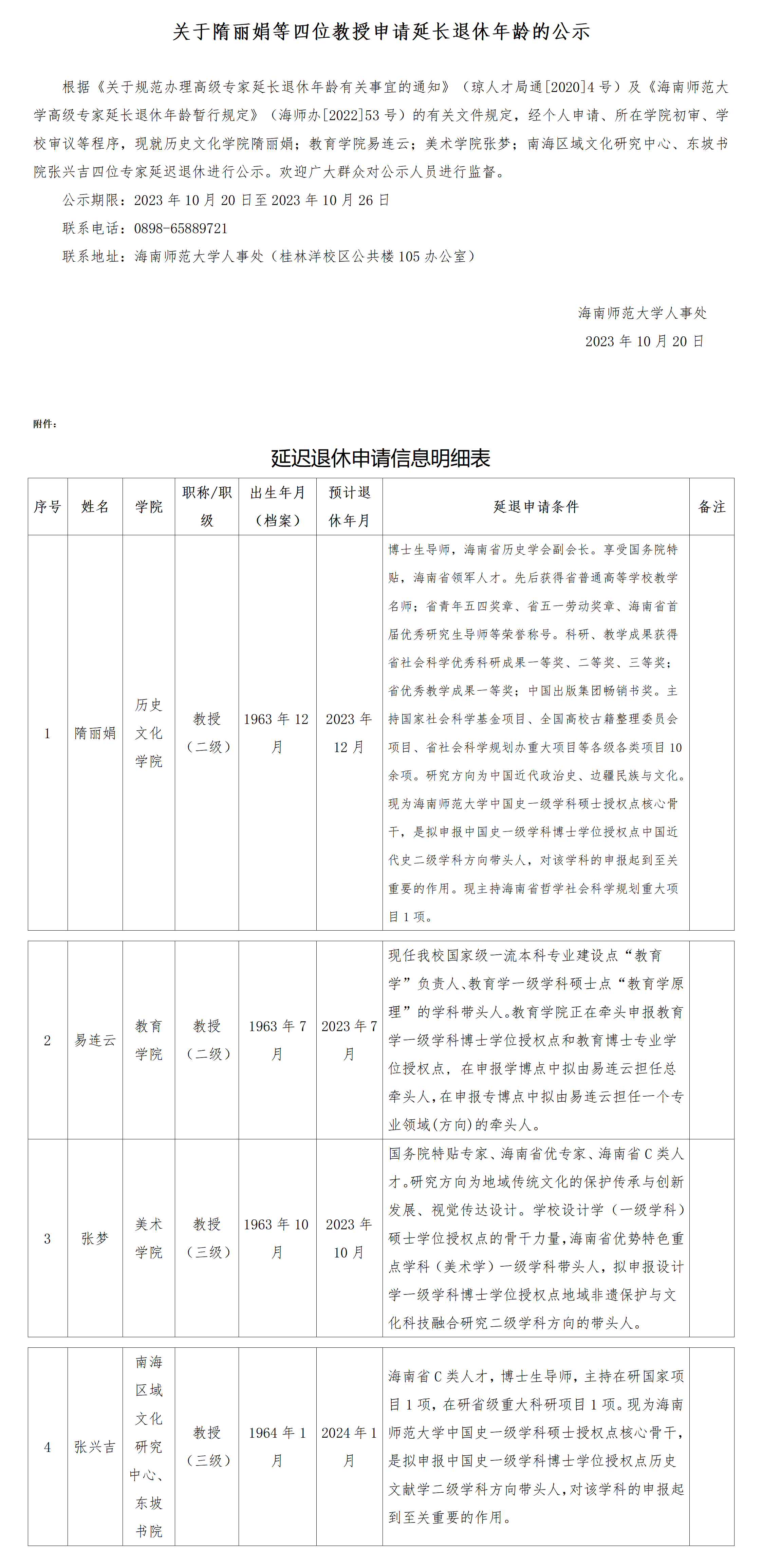 关于隋丽娟等四位教授申请延长退休年龄的公示