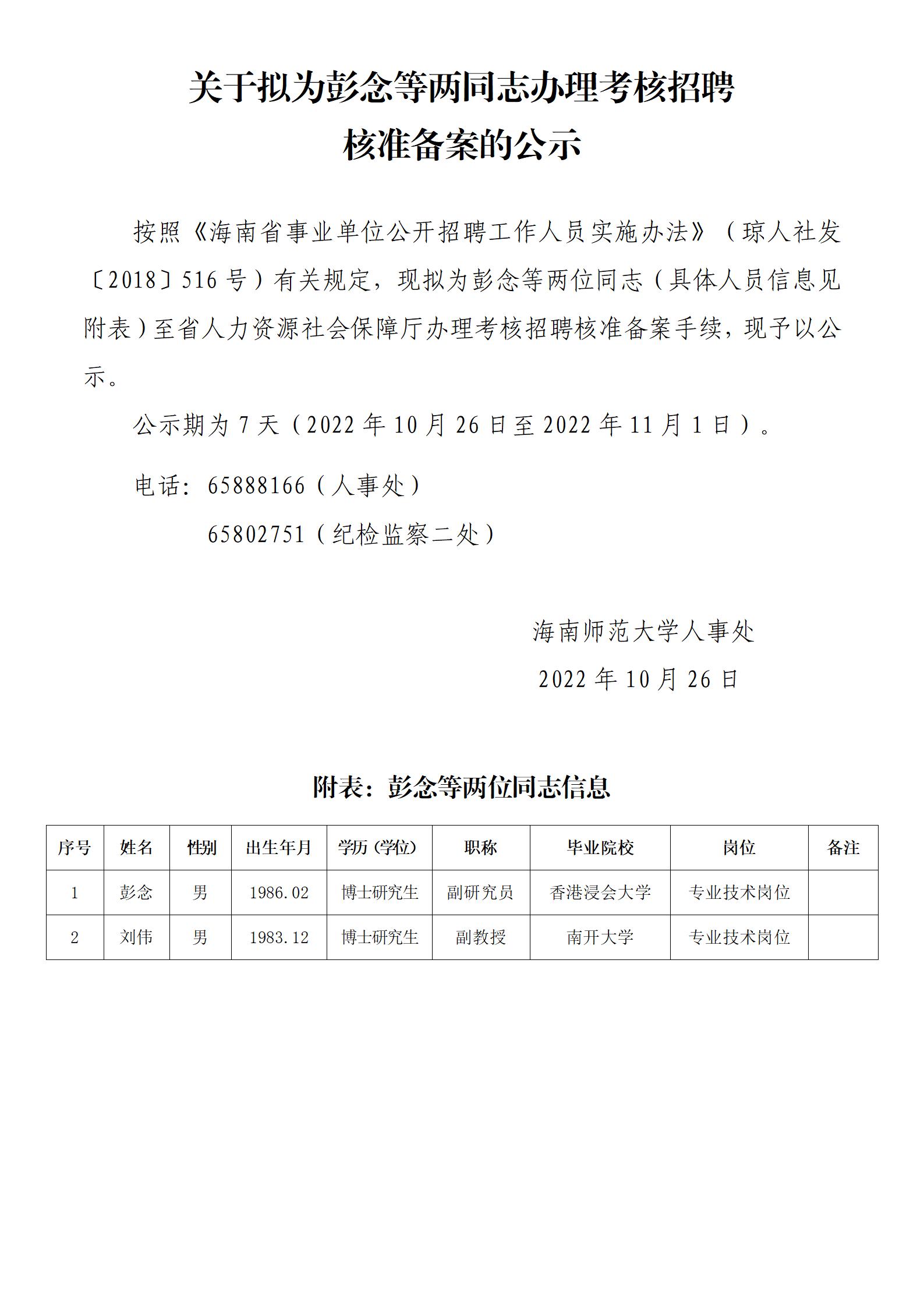 关于拟为彭念等两同志办理考核招聘核准备案的公示