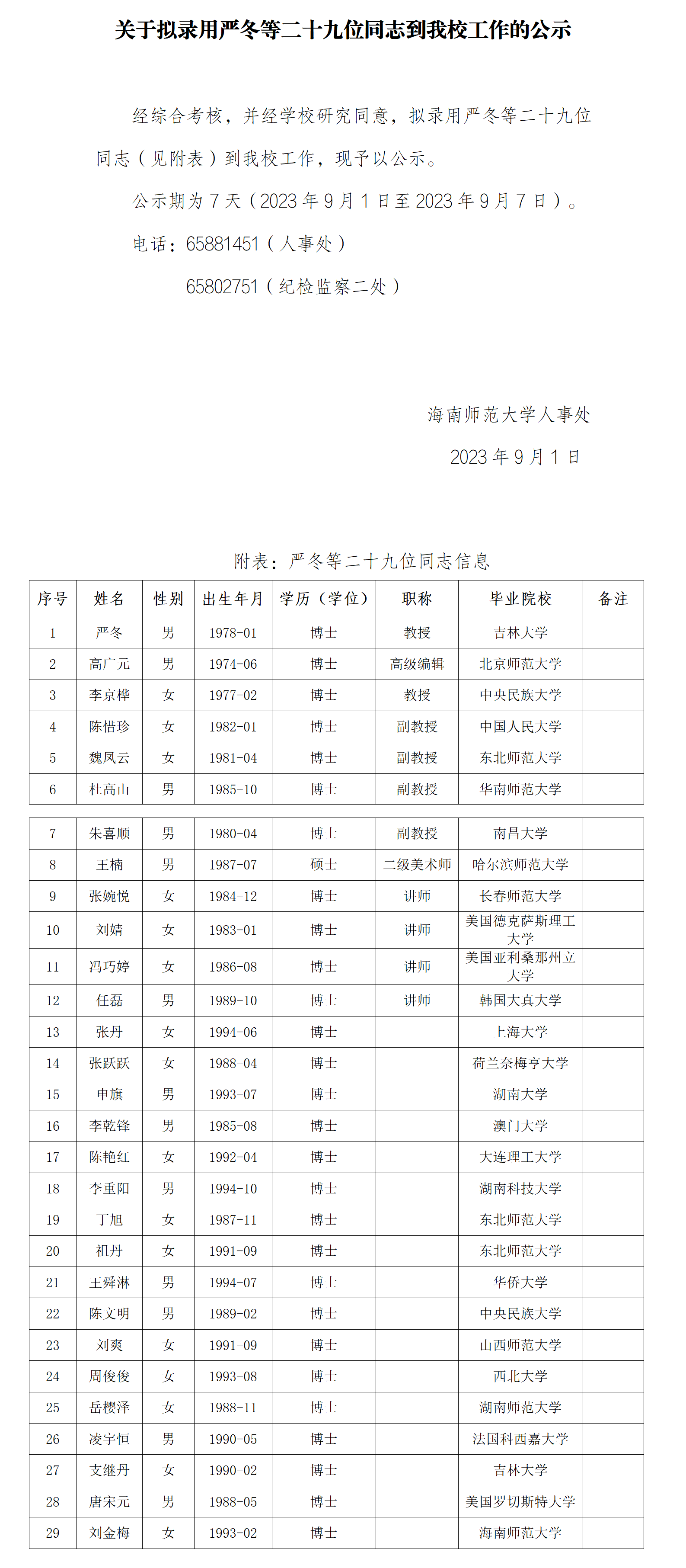 关于拟录用严冬等二十九位同志到我校工作的公示