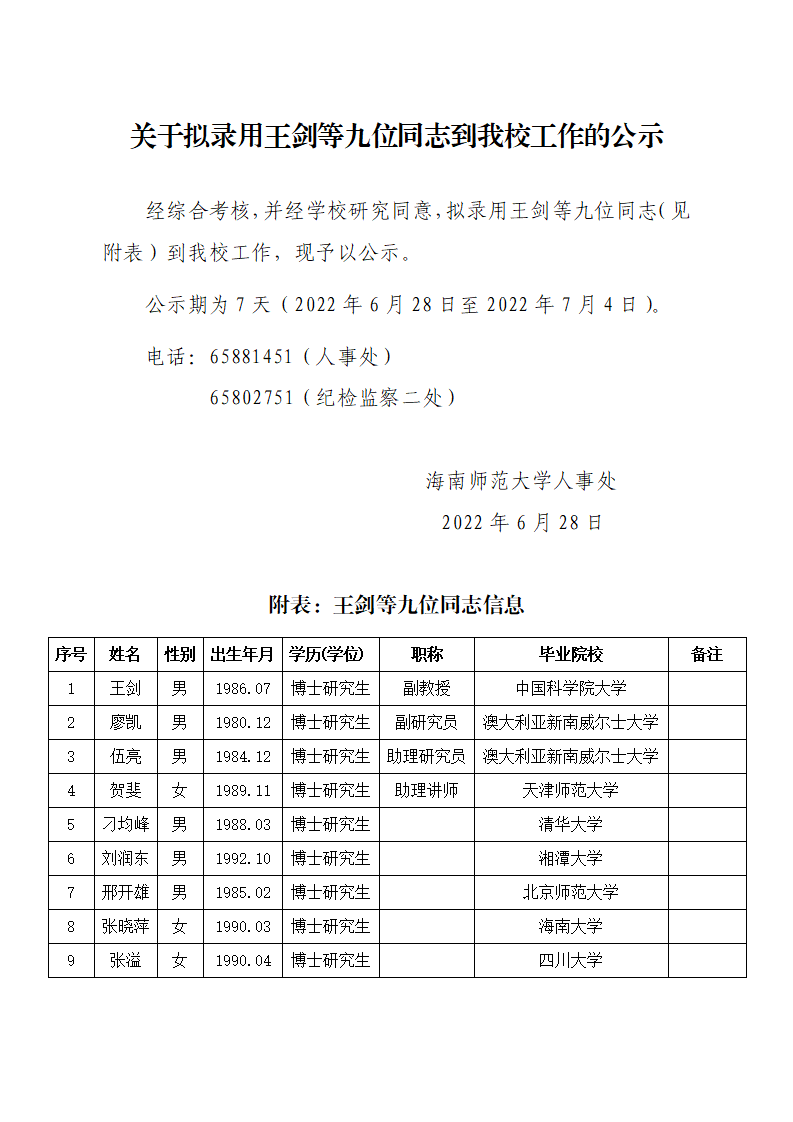 关于拟录用王剑等九位同志到我校工作的公示