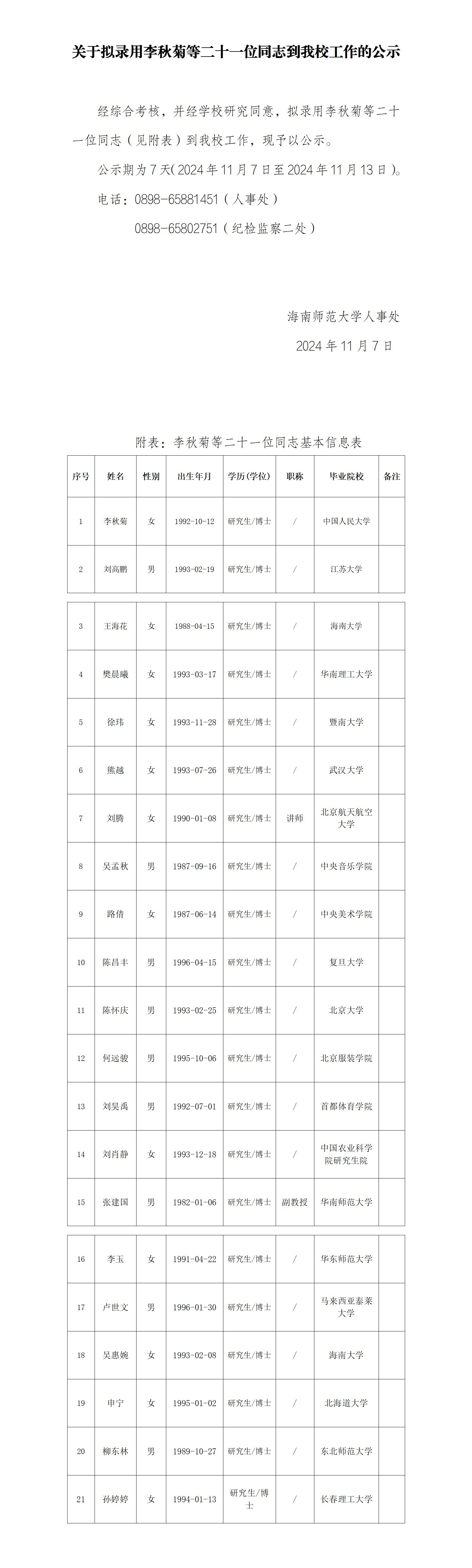 关于拟录用李秋菊等二十一位同志到我校工作的公示