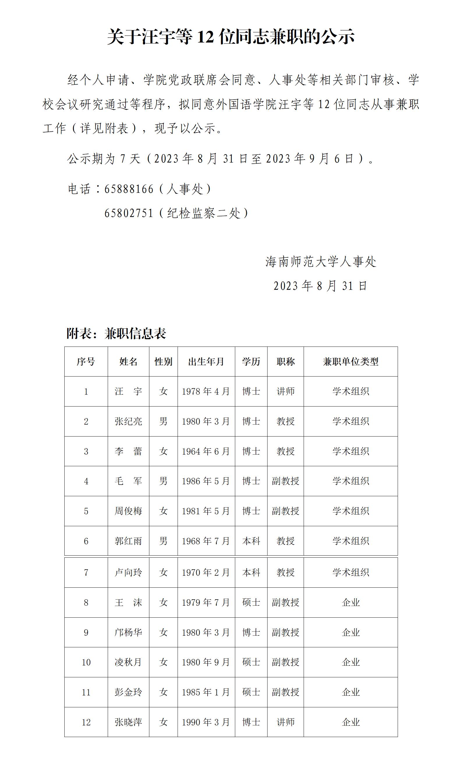 关于汪宇等12位同志兼职的公示