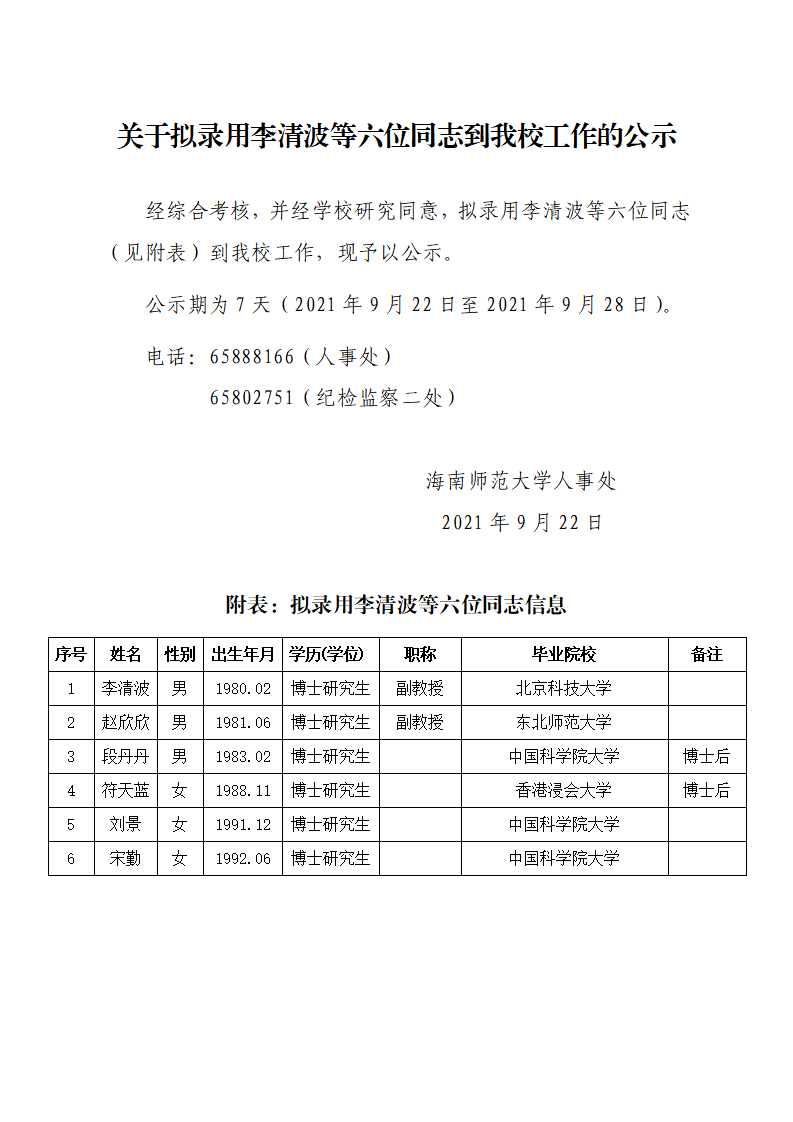 关于拟录用李清波等六位同志到我校工作的公示